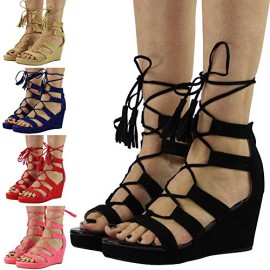 New-Womens-Ladies-Ankle-Strap-Mid-Heel-Wedges-Shoes-Lace-Up-Cut-Out-Sandals-Size-3-8-0