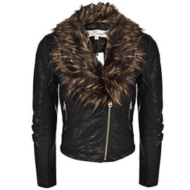 New-Womens-Biker-Jacket-Crop-Faux-Leather-Fur-Collar-Black-Ladies-Size-Zip-Coat-0