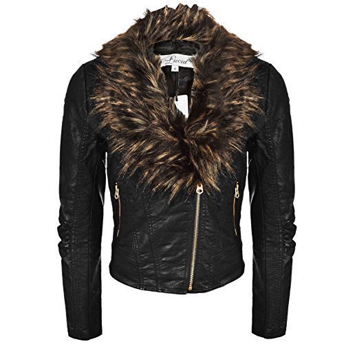 New Womens Biker Jacket Crop Faux Leather Fur Collar Black Ladies Size ...