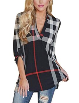 ISASSY-Womens-V-Neck-Striped-Plaid-Long-Sleeve-Casual-Loose-Blouses-Tops-T-Shirts-0