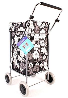 ST-FOUR-01-Black-White-Flower-Pattern-4-Wheel-Caged-Shopping-Trolley-Adjustable-Handle-0-0