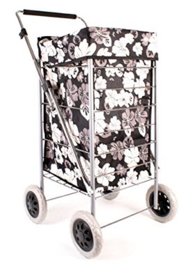 ST-FOUR-01-Black-White-Flower-Pattern-4-Wheel-Caged-Shopping-Trolley-Adjustable-Handle-0