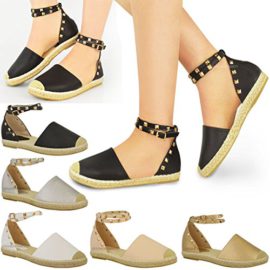 Womens-Ladies-Espadrilles-Ankle-Strappy-Flat-Summer-Sandals-Rock-Stud-Shoes-Size-0-0