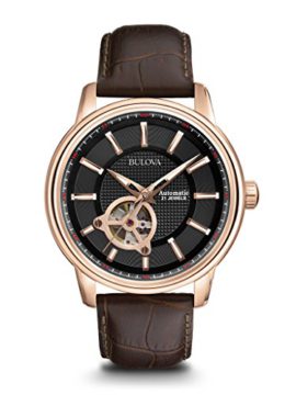 Bulova-Mens-Designer-Automatic-Self-Winding-Watch-Leather-Strap-Black-Rose-Gold-Dial-97A109-0