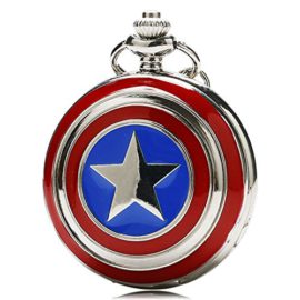 CAPTAIN-AMERICA-SHIELD-Polished-Silver-Finish-RetroVintage-Case-Mens-Quartz-Pocket-Watch-Necklace-On-32-Inch-80cm-Chain-0