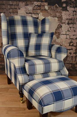 Metro-Furniture-North-East-Ltd-Wing-Back-Cottage-Chair-with-matching-footstool-in-Aldernay-Denim-Tartan-Fabric-0