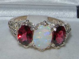 Victorian-Design-Solid-English-Sterling-Silver-Natural-Large-Opal-Garnet-Ladies-Ring-0-2