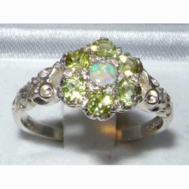 Victorian-Ladies-Solid-Sterling-Silver-Natural-Fiery-Opal-Peridot-Daisy-Ring-0-0