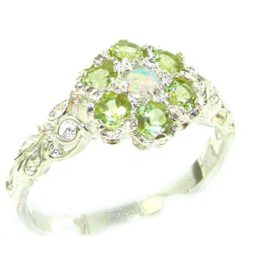 Victorian-Ladies-Solid-Sterling-Silver-Natural-Fiery-Opal-Peridot-Daisy-Ring-0