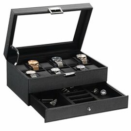 BEWISHOME-Watch-Box-Organizer-with-Valet-Drawer-Real-Glass-Top-Adjustable-Tray-Metal-Hinge-Carbon-Fiber-Design-12-Slots-Watch-Storage-Case-for-Men-Black-SSH02C-0