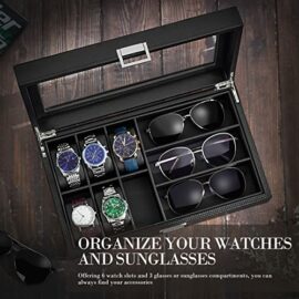 BEWISHOME-Watch-Box-Sunglass-Organizer-with-Real-Glass-Top-6-Watch-Case-and-3-Slots-Sunglasses-Box-for-Men-0-0