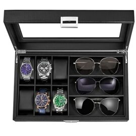 BEWISHOME-Watch-Box-Sunglass-Organizer-with-Real-Glass-Top-6-Watch-Case-and-3-Slots-Sunglasses-Box-for-Men-0