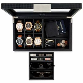 Glenor-Co-Valet-Jewelry-Box-for-Men-Holds-6-Watches-12-cufflinks-2-Sunglasses-Tray-Storage-Mens-Watch-Case-CarbonFiber-Organizer-w-Metal-Accents-PU-Leather-Large-Glass-Lid-0-0