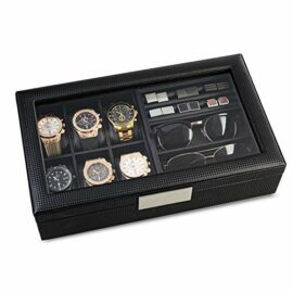 Glenor-Co-Valet-Jewelry-Box-for-Men-Holds-6-Watches-12-cufflinks-2-Sunglasses-Tray-Storage-Mens-Watch-Case-CarbonFiber-Organizer-w-Metal-Accents-PU-Leather-Large-Glass-Lid-0-1