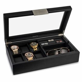 Glenor-Co-Valet-Jewelry-Box-for-Men-Holds-6-Watches-12-cufflinks-2-Sunglasses-Tray-Storage-Mens-Watch-Case-CarbonFiber-Organizer-w-Metal-Accents-PU-Leather-Large-Glass-Lid-0