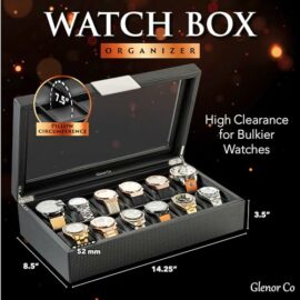 Glenor-Co-Watch-Box-for-Men-Mens-Watch-Case-w-Large-lid-Luxury-Carbon-Fiber-Design-Mens-Watch-Box-Watch-Holder-for-Men-w-Metal-Accents-Sturdy-Hinges-Watch-Display-Case-Leather-Pillows-Black-0-0