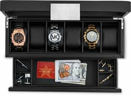 Glenor-Co-Watch-Box-with-Valet-Drawer-for-Men-12-Slot-Luxury-Watch-Case-Display-Organizer-Metal-Buckle-for-Mens-Jewelry-Watches-Mens-Storage-Boxes-Holder-has-Large-Glass-Top-0-1