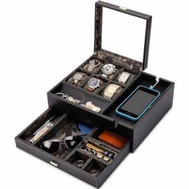 HOUNDSBAY-Commander-Dresser-Valet-Watch-Box-Case-Mens-Jewelry-Box-Organizer-with-Smartphone-Charging-Station-and-Cufflink-Box-0